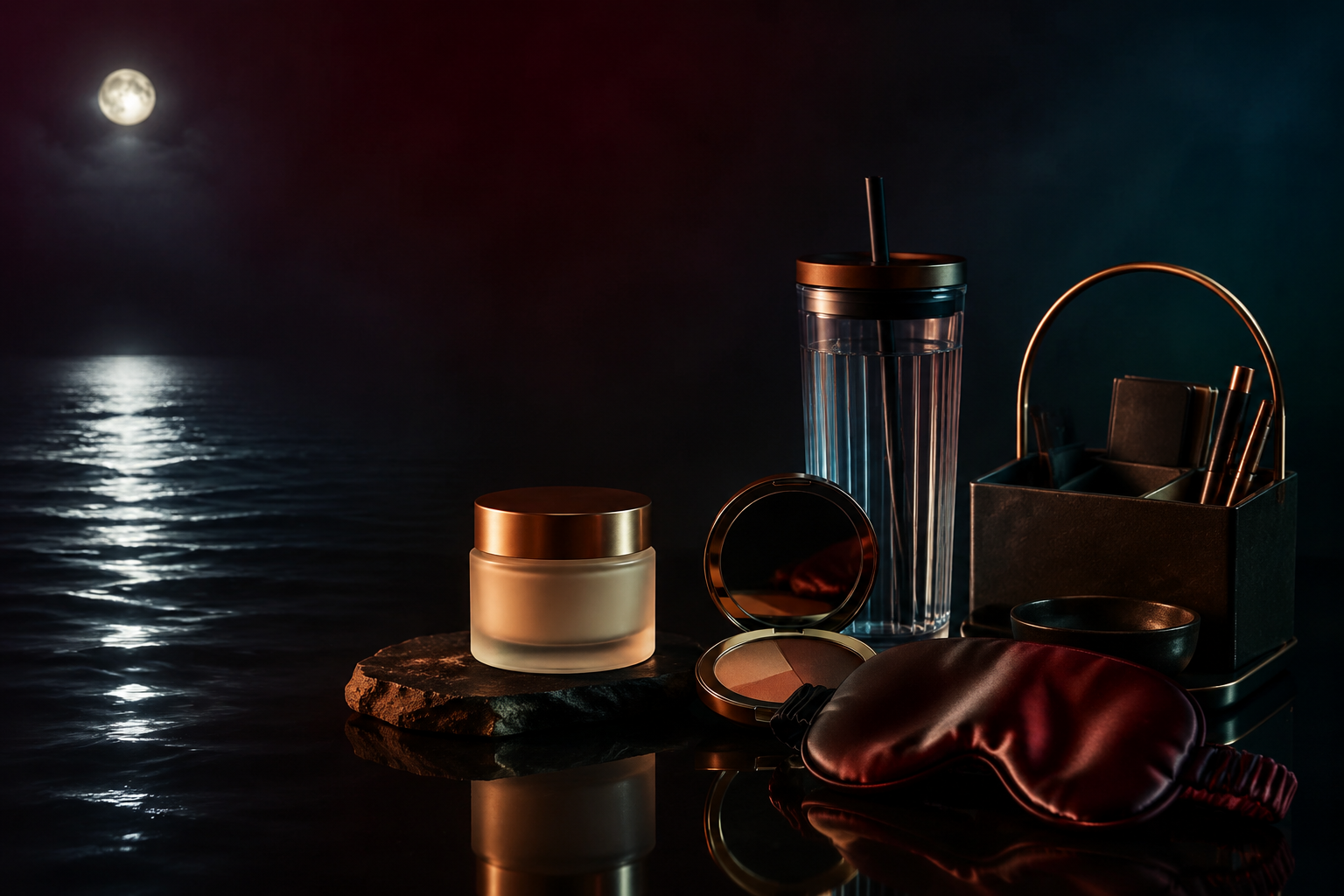 An unbranded skincare jar, compact, sleep mask, tumbler, and organizer arranged in moonlit amber and teal light