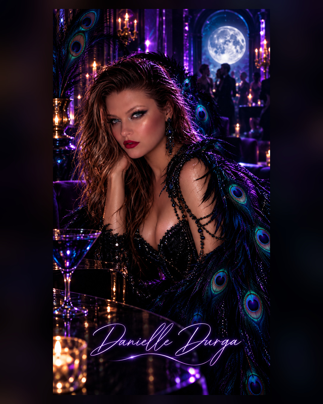 Danielle Durga in peacock-blue and violet Siren Era promotional artwork
